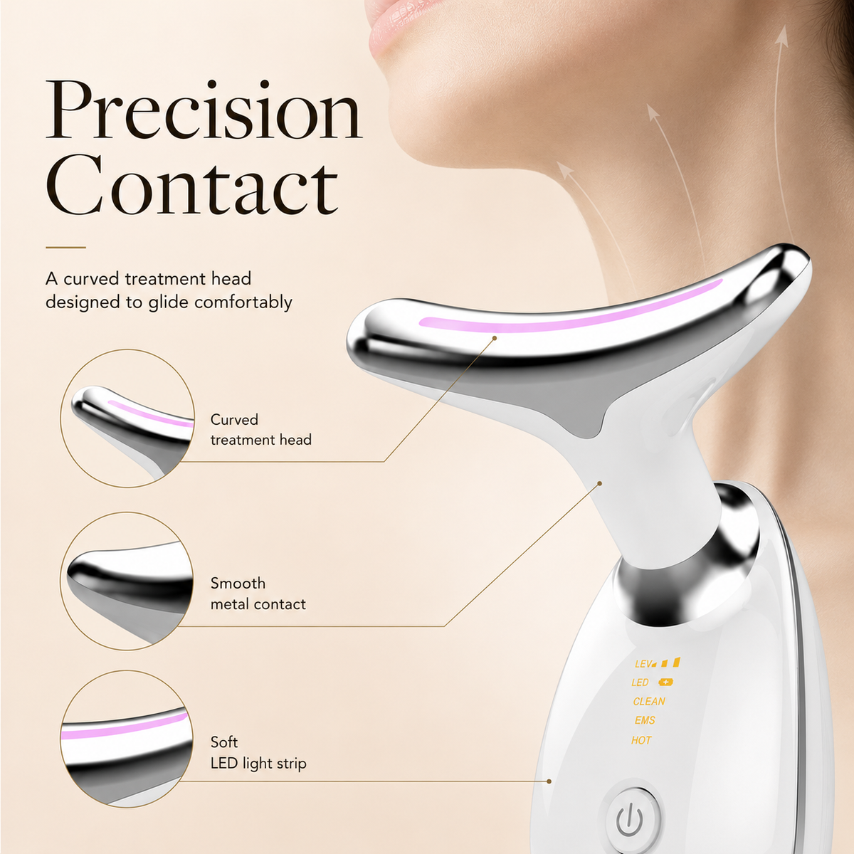 SENVÈ Neck & Facial Massager technology detail: EMS, red LED, infrared, and ultrasonic functions