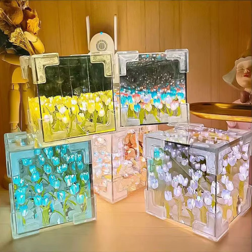 New Acrylic Tulip Night Light Handmade Creative 21 Flowers Mirror DIY Magic Cube Tulips Flower Table Lamp Birthday Gifts