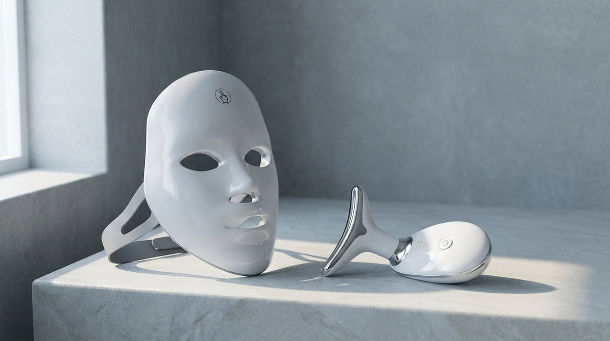 SENVÈ 7-Color LED light therapy mask and Neck & Face Device on a stone ledge in a minimal interior