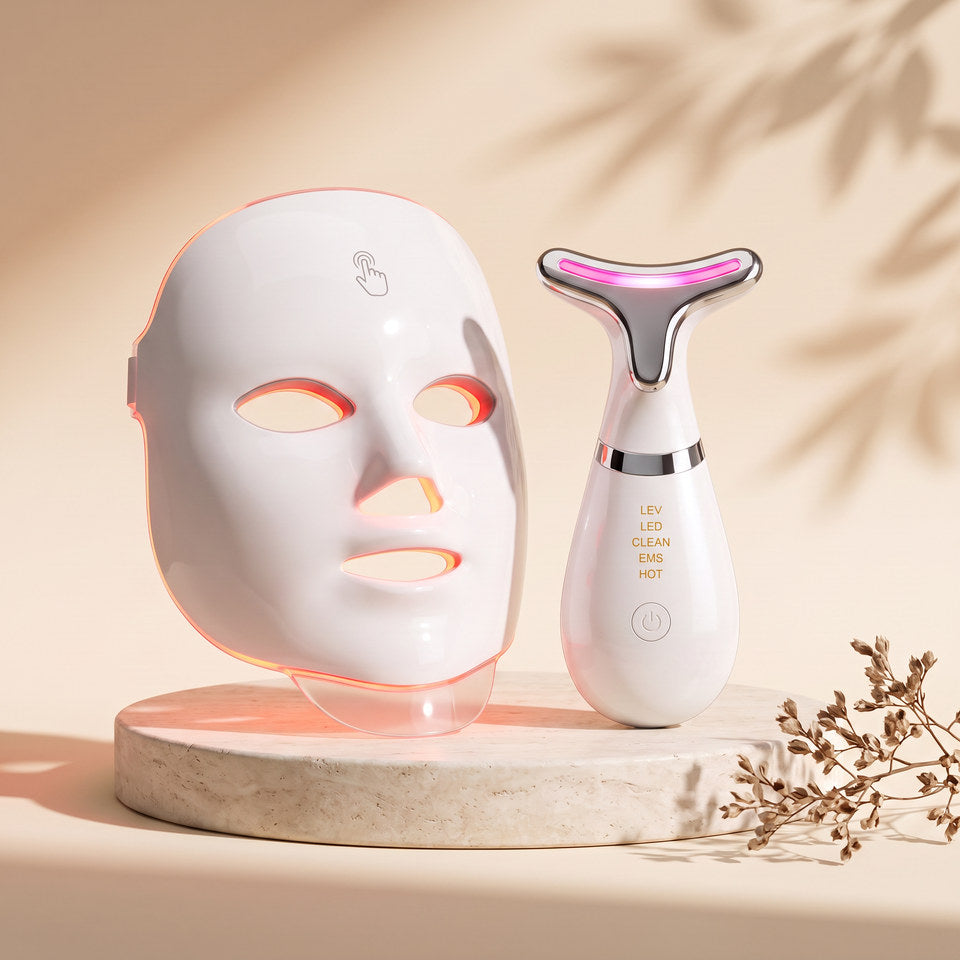 SENVÈ Complete Ritual Bundle — LED face mask and neck & facial massager on stone plinth