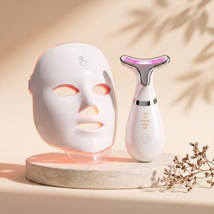SENVÈ Complete Ritual Bundle — LED face mask and neck & facial massager on stone plinth
