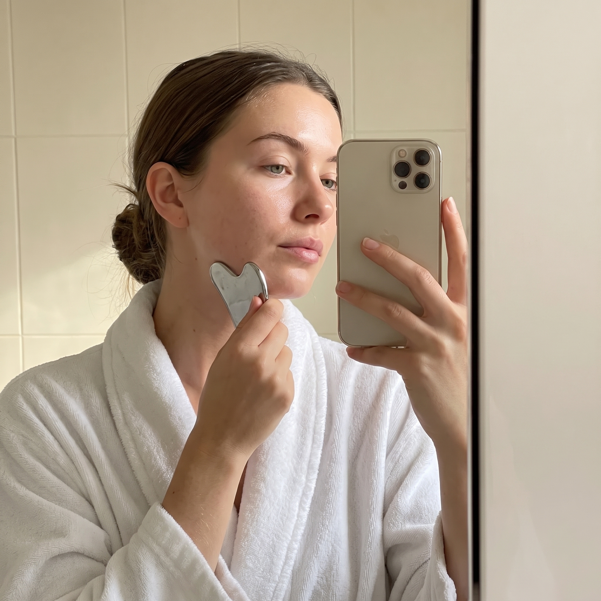 Using the Senvè Gua Sha along the jawline during a morning skincare routine