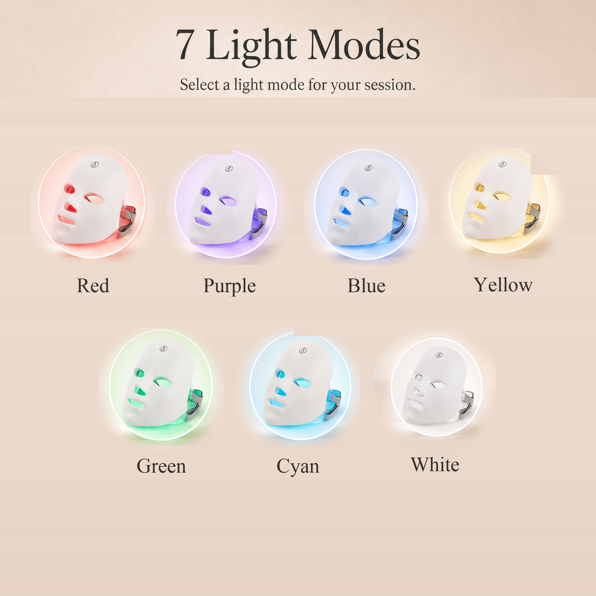 SENVÈ LED mask shown lit in each of its 7 light modes: red, purple, blue, yellow, green, cyan, white