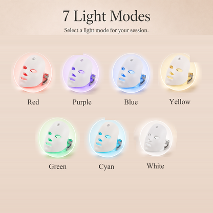 SENVÈ LED mask shown lit in each of its 7 light modes: red, purple, blue, yellow, green, cyan, white