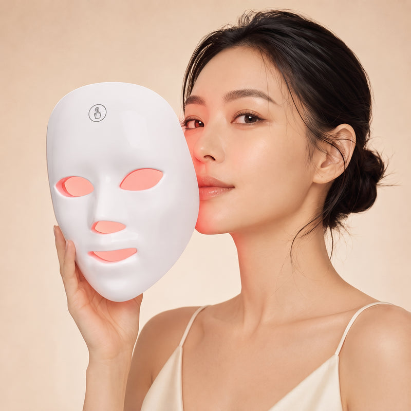 SENVÈ LED mask held up next to the face, lifestyle photo