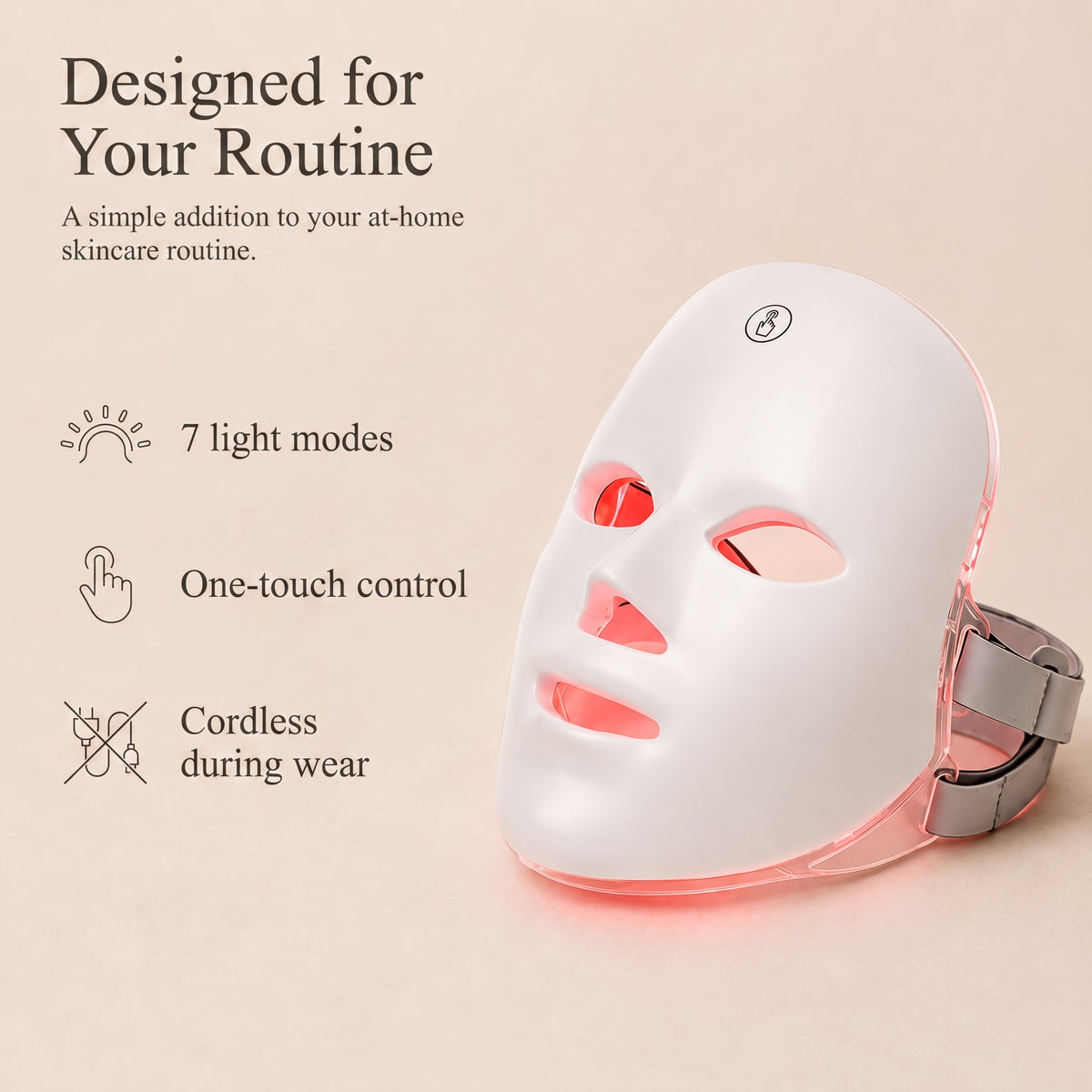 SENVÈ LED mask, profile view, with three product facts: 7 light modes, one-touch control, cordless during wear