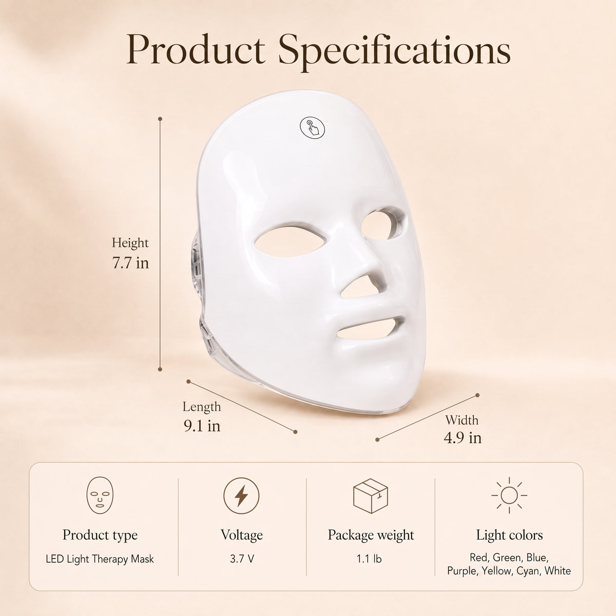 Senvè LED mask product specifications: 7.7 in height, 9.1 in length, 4.9 in width, 3.7V, 1.1 lb package weight, 7 light colors — red, green, blue, purple, yellow, cyan, white