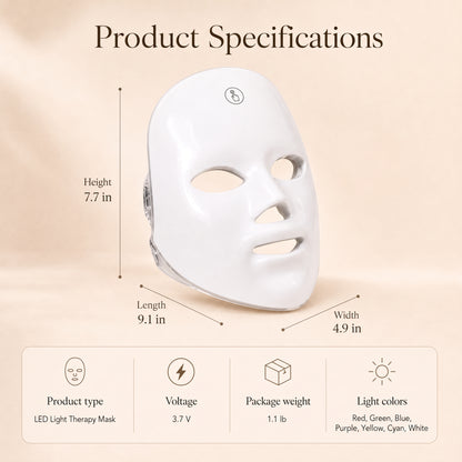 Senvè LED mask product specifications: 7.7 in height, 9.1 in length, 4.9 in width, 3.7V, 1.1 lb package weight, 7 light colors — red, green, blue, purple, yellow, cyan, white