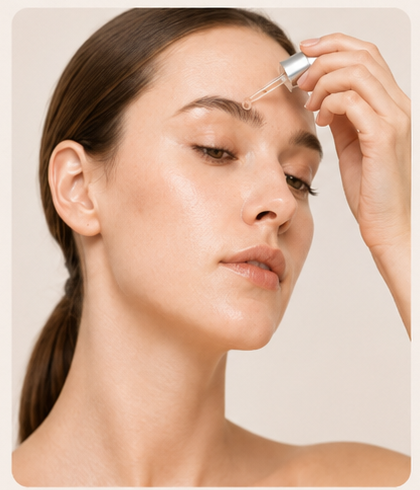 Applying facial serum before the Senvè Gua Sha ritual, step 1 Prep