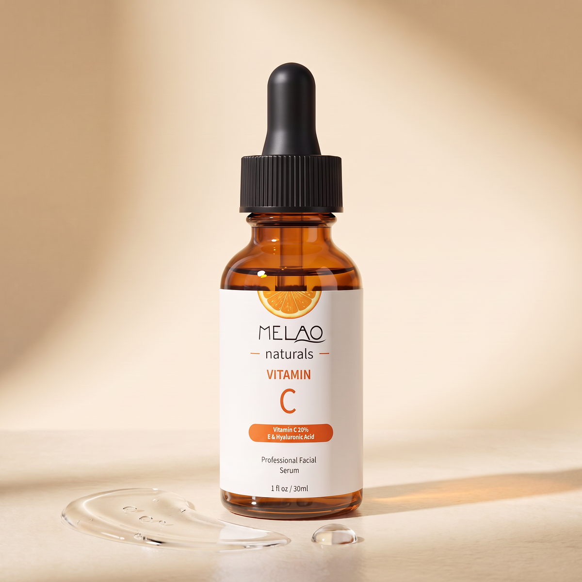 MELAO Naturals Vitamin C Serum bottle with a smear of the clear serum texture