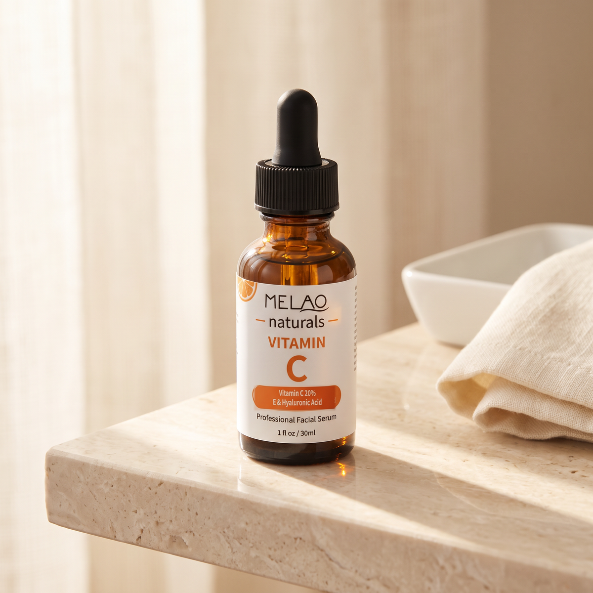MELAO Naturals Vitamin C Serum on a marble counter in morning light